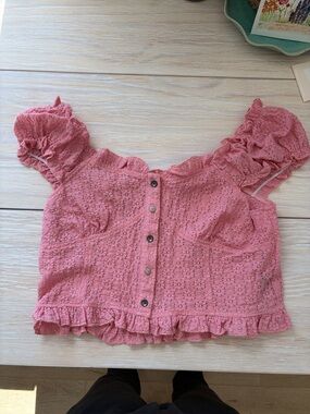 Pol Pink Ruffled Eyelet Button-Front Women's Top